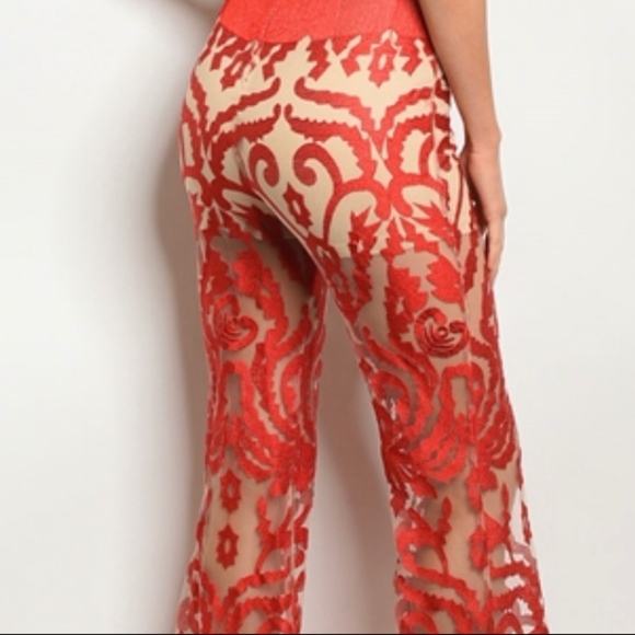 Medium Large Ladies Red Nude Deep V-Neck Glam Jumpsuit - Picture 2 of 3